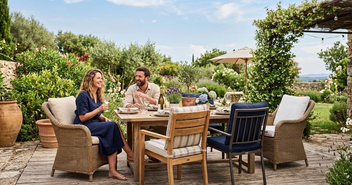 Comfortable outdoor dining chairs in a covered patio