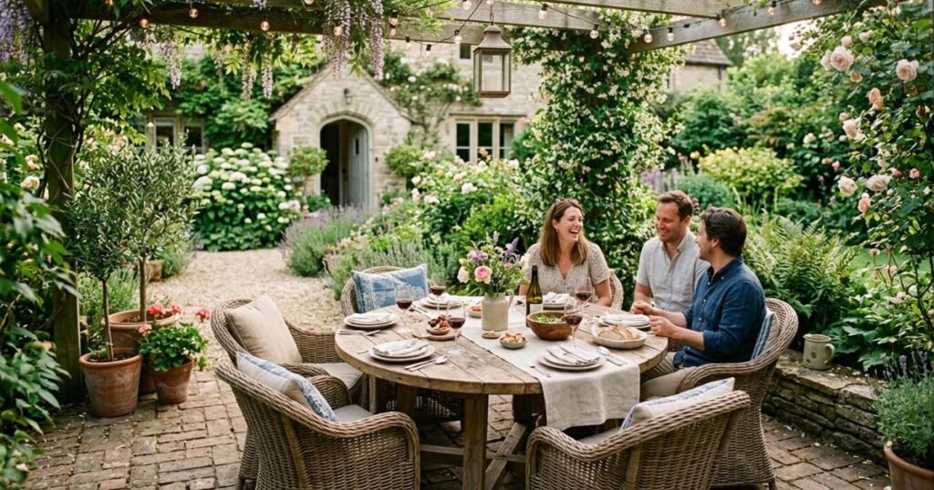 Outdoor dining chairs arranged around a table on a spacious patio