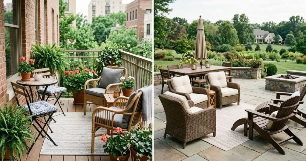 Outdoor dining chairs arranged on small and large patios