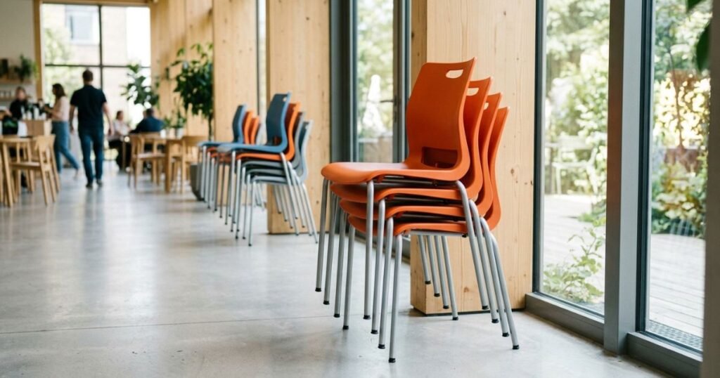 Lightweight stackable outdoor dining chairs on a modern patio