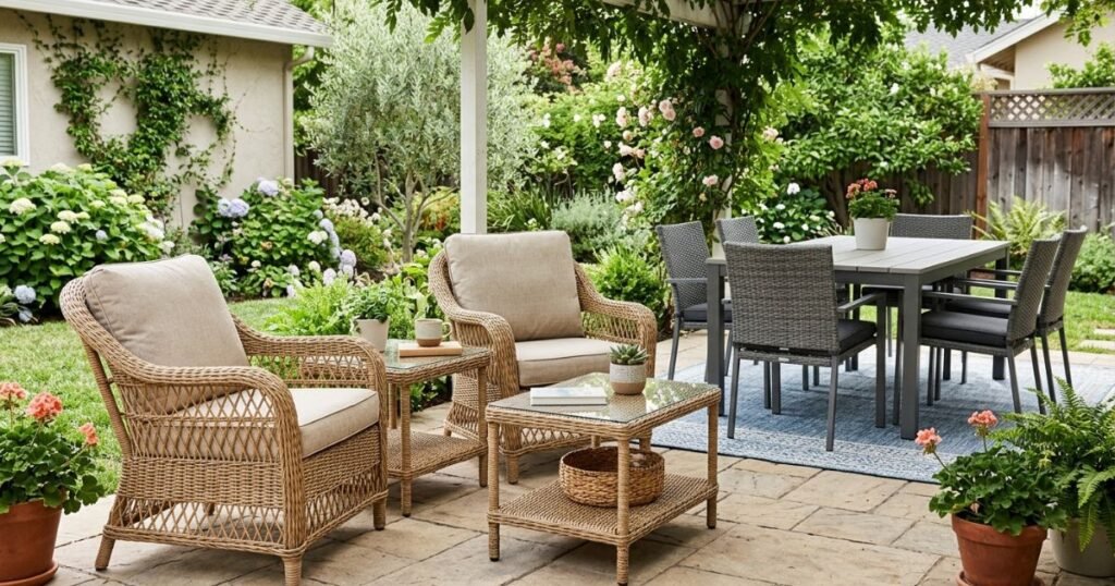 Wicker and synthetic outdoor dining chairs on a modern patio