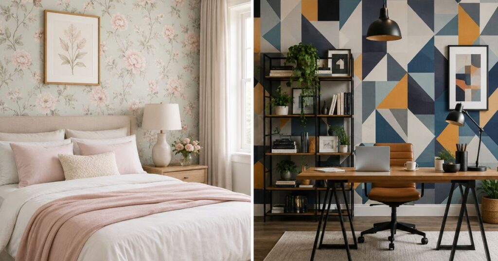 Split-screen bedroom and home office with function-matched wallpaper.
