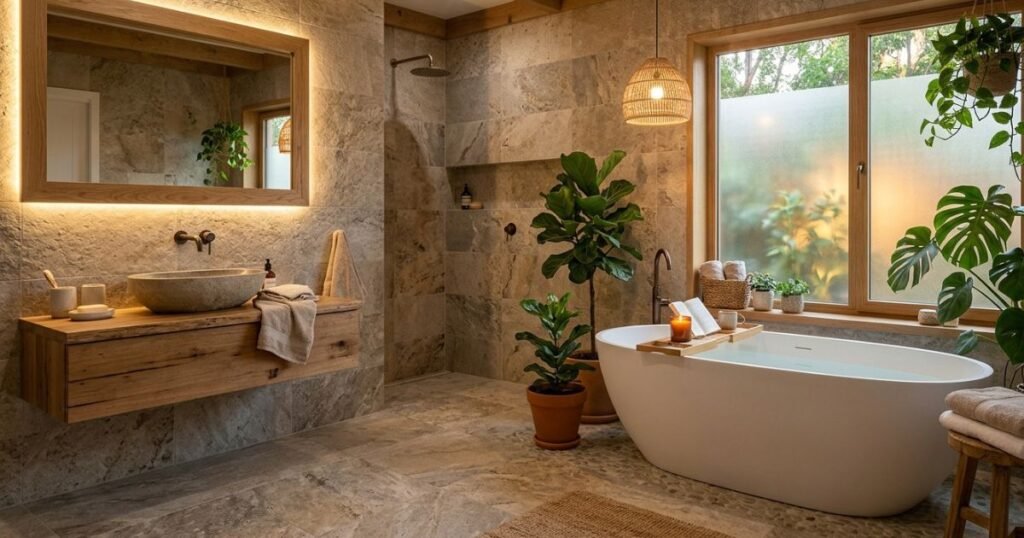 Modern bathroom with stone effect tiles