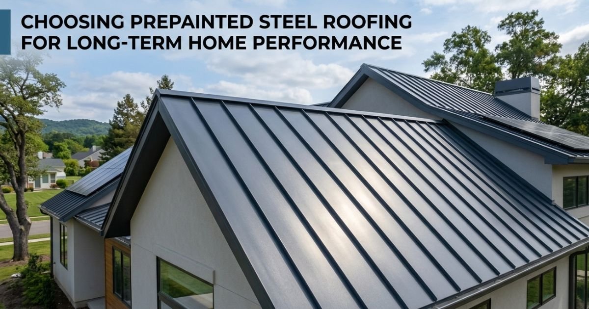 Prepainted steel roofing on a modern home for long-term performance