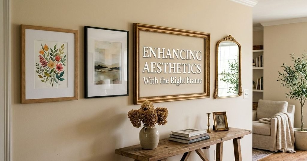Gallery wall with wood, black, and gold frames above a rustic console table.
