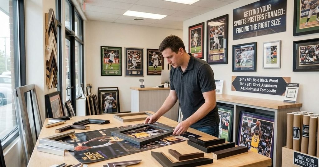 Selection of diverse frames for sports posters at a professional framing