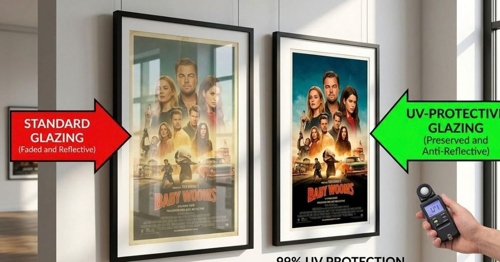 Standard glass poster comparison with UV-protective glass.